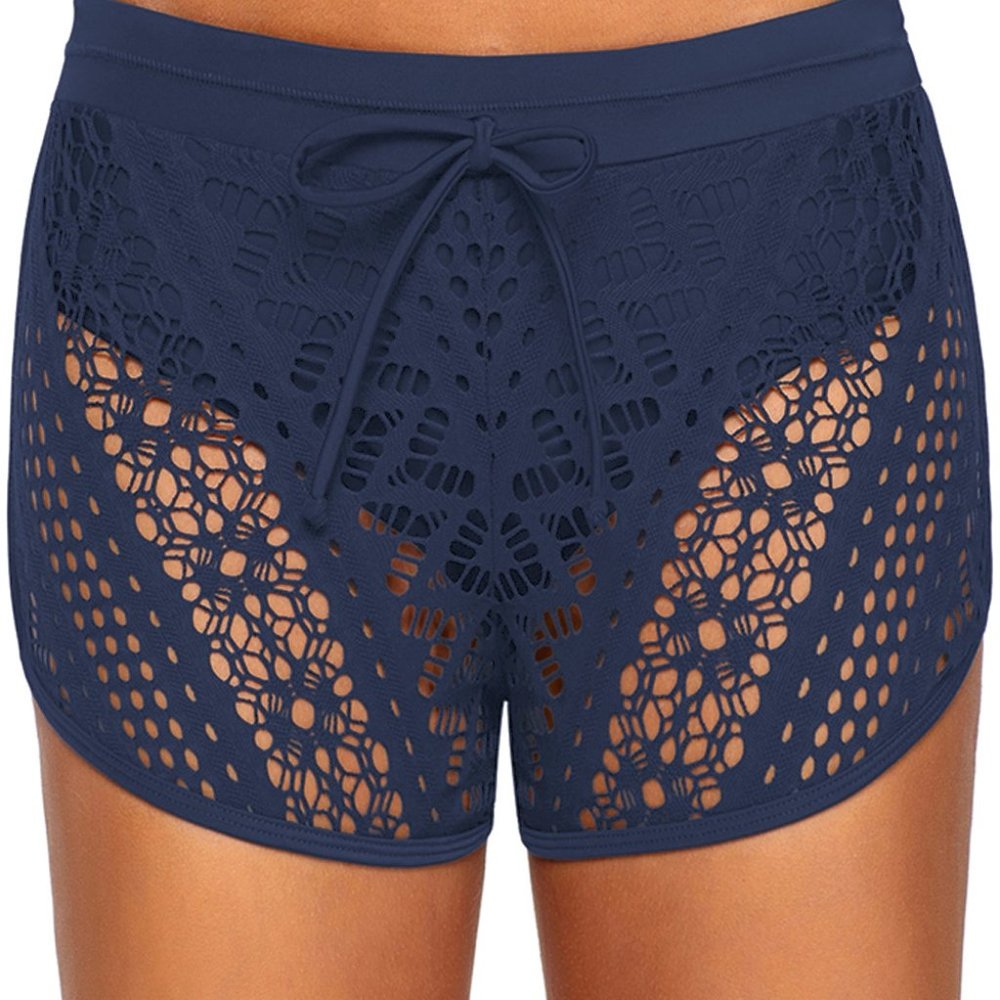 Blue Drawstring Waist Lace Panel Swimsuit Shorts